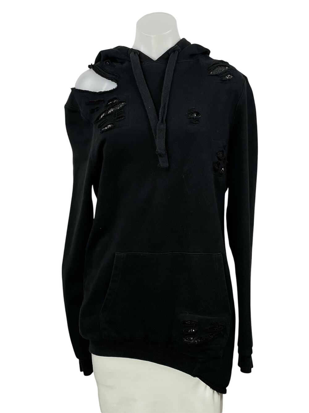 Women's Black Long Sleeves Distressed Cutout Pullover Hoodie Hooded Sweatshirt S